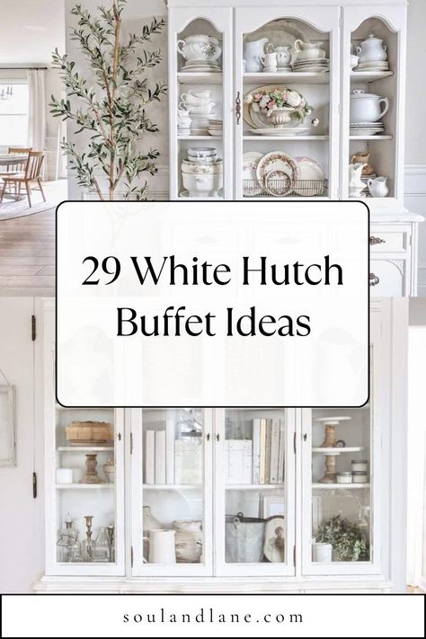 Unveil the elegance of your cherished china with our selection of white hutch buffets, where functionality meets aesthetic grace. Picture a pristine white backdrop that not only brightens your dining area but also serves as a canvas for your beautiful china to shine. Our guide dives into the charm of these classic pieces, offering styling tips to enhance your display while keeping your treasures organized and accessible. White Buffet Styling, White China Cabinet With Dark Interior, Wall To Wall China Cabinet, French Country China Cabinet Decor, Dining Room Cabinet Decorating Ideas, Decorated Hutches Farmhouse Style, White China Cabinet Dining Room, China Cabinet Display Ideas Dining Room, Farmhouse Display Cabinet