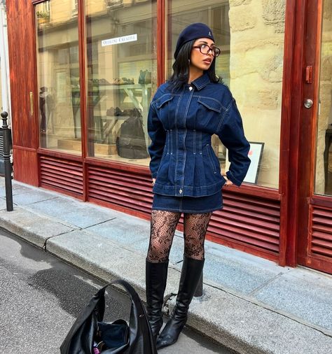 Fall Boots Outfit Black Women, Bodycon Dress Layering Outfit, Ny Fashion Week 2024 Street Style, Puffer Boots Outfit, Long Sleeve Denim Dress Outfit, Dc Outfits Washington Fall, Jean Dress Outfit Black Women, Denim Dress Outfit Black Women, Skate Party Outfit