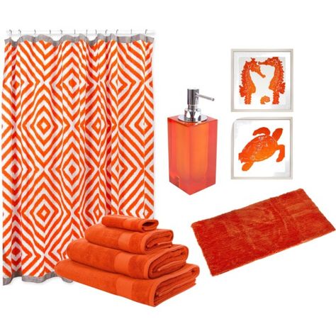 "Orange bathroom" by jennifercapps on Polyvore Blue And Orange Bathroom, Mexican Apartment, Bright Bathrooms, Bathroom Bright, Orange Bathroom Accessories, Bathroom Orange, Wall Storage Diy, Orange Stuff, Orange Bathrooms Designs