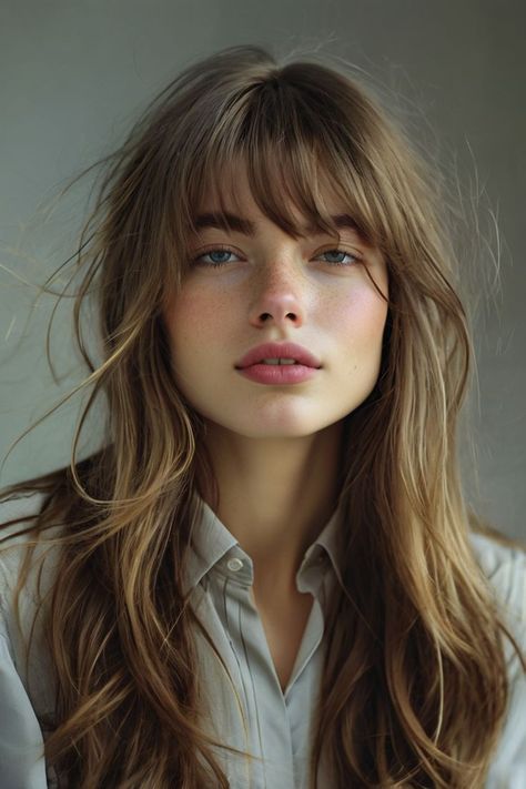 Long Layered Hair With Bangs Round Face Best Hairstyl in 2024 Front Fringe Long Hair, Messy Full Fringe, Bangs Long Face, Curtain Bangs Hairstyles, Medium Haircuts With Bangs, Long Haircuts With Bangs, Trendy Haircuts Medium, Bangs Ideas, Textured Bangs