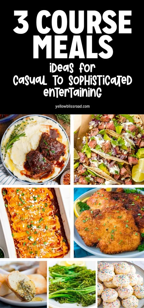 Dinner Recipes For 3, 3 Course Meal Ideas, Course Meal Ideas, 7 Course Meal, Dinner Party Mains, Birthday Dinner Menu, Party Entrees, Easy Dinner Party Recipes, 3 Course Meal