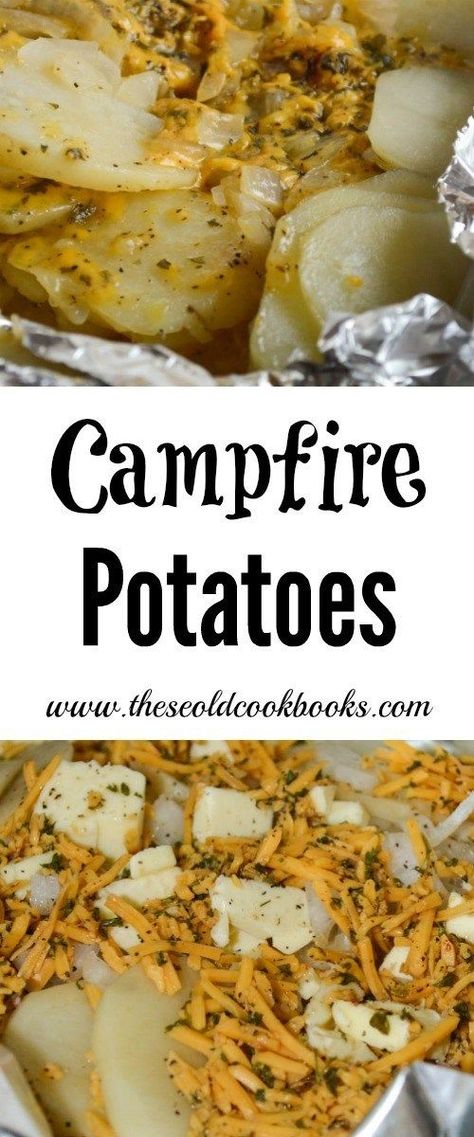 Campfire Potatoes Recipe in a Foil Packet with Cheese and Onions Thanksgiving Camping, Foil Potatoes, Campfire Potatoes, Foil Packet Potatoes, Foil Pack Meals, Foil Packs, Foil Packet Meals, Foil Packet, Potato Onion