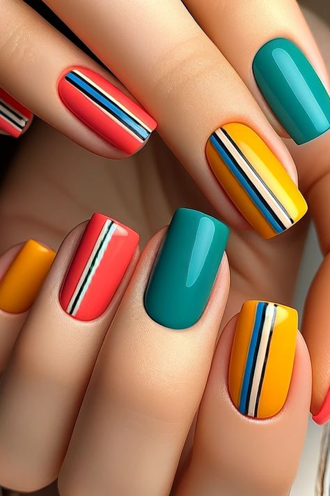 Beach Nails Dive into Ocean-Inspired Nail Art Girls Nail Designs, Beach Nail, Fancy Nails Designs, Pretty Nail Art Designs, Striped Nails, Cute Gel Nails, Polish Colors, Pretty Nail Art, Beach Nails