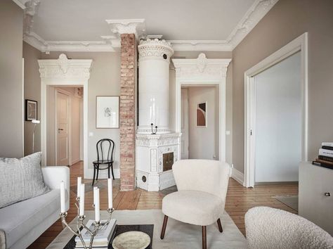 Turn of the century home in beige tints Turn Of The Century Homes, Floor Brick, Dream House Mansions, Coco Lapine Design, White Sofa, Beige Living Rooms, Century Home, Scandinavian Style Interior, Kitchens And Bedrooms