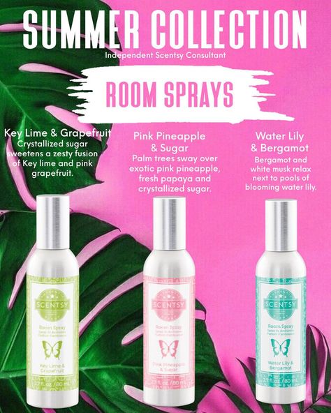 Room Sprays are a MUST on any vacation, business trip or bathroom! These are a stink chaser! And now that they are water based, they are fantastic for every space! Scentsy Spring Summer 2024, Scentsy 2024, Scentsy Games, Scentsy Host, Scentsy Buddy Clips, Pineapple Water, Scentsy Consultant Ideas, Scent Warmers, Scentsy Wax Bars