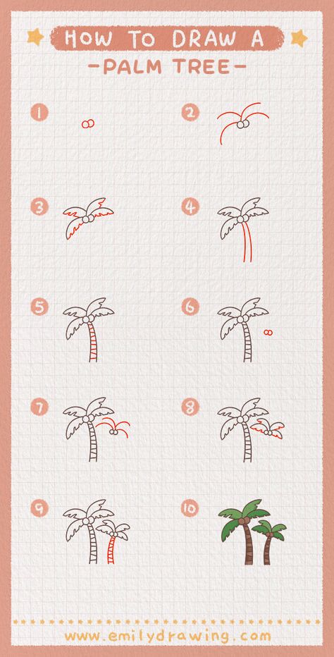 Setp by Step tutorial on how to draw a palm tree. FREE download the Printable drawing guide and coloring page,Click to Get! #drawing #howtodrawapalmtree #palmtree #learntodraw #howtodraw Cute Palm Tree Drawing, How To Draw Palm Trees, How To Draw A Palm Tree, Palm Tree Doodle, Draw A Palm Tree, How To Dr, Palm Tree Drawing, Tree Doodle, Rock A Bye Baby