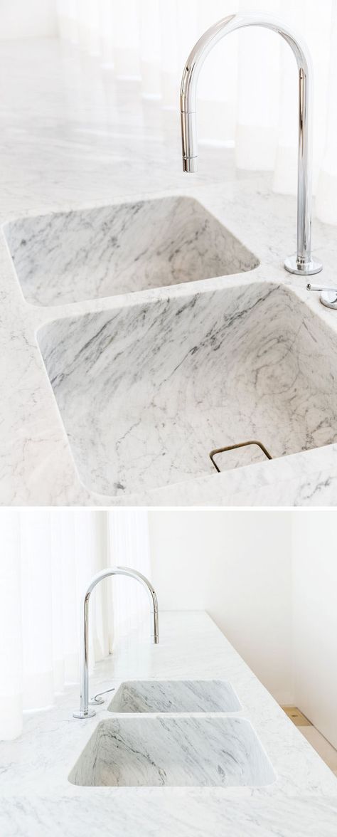 KITCHEN DESIGN IDEA - 7 Kitchen Sinks Integrated Into The Countertop // These… Kitchen Sink Design, Marble Sink, Marble Sinks, Sink Design, Kitchen Marble, Shower Room, 인테리어 디자인, Kitchen Countertops, Kitchen Inspirations