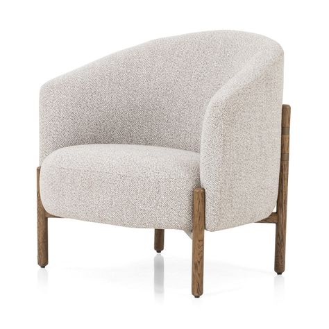 Sensibly elegant. Upholstered in light grey-colored performance fabric, traditional barrel back seating with a subtle wing silhouette cradles into solid oak framing, with rear iron stretchers adding a thoughtfully modern touch. DimensionsOverall: 33"w x 31.5"d x 32"hSeat Depth: 21.5"Seat Height: 17.5"Arm Height from Se Wing Silhouette, Fabric Accent Chair, Cozy Chair, Glider Chair, Wood Arm Chair, Chair Style, Burke Decor, Accent Chairs For Living Room, Formal Living Rooms