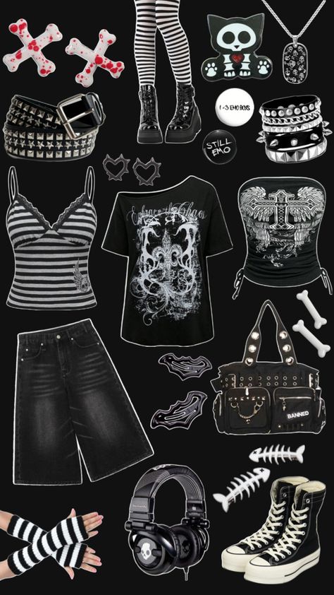 Emo Collage, Alt Style Inspiration, 2000s Alt Fashion, Alt Style Outfit, Clothes Collage, Emo Scene Outfits, Cute Wolf Drawings, Emo Clothes, Punk Style Outfits