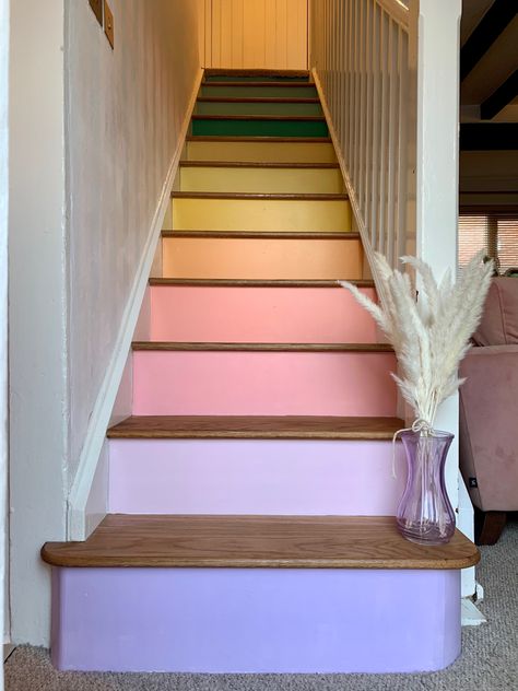 Beautiful rainbow staircase. Brightening up our home with this gorgeous new colourful staircase. Black Painted Stairs, Painted Stair Risers, Painting Stairs, Entrance Stairs, Wallpaper Stairs, Painted Staircases, Staircase Runner, Dark Paint Colors, Diy Gallery Wall