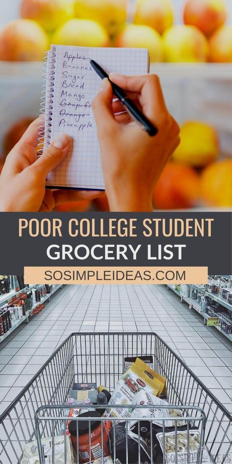 Cheap Food For College Students, Essential Food Items Grocery Lists, Cheap Food Shopping List, Meal Ideas For College Students Budget, College Shopping Lists Grocery, Cheap College Grocery List, Breakfast College Student, Poor College Student Food, Dorm Room Food Ideas Grocery Lists