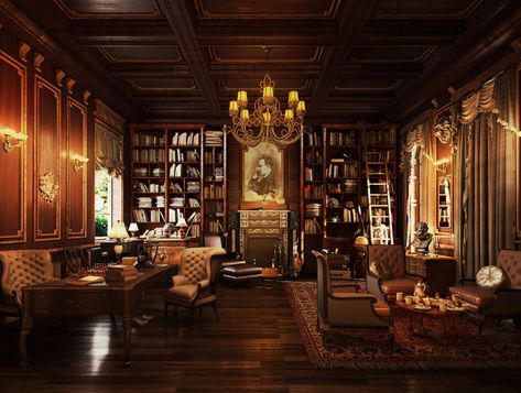 Vintage Office on Behance Home Office Mansion, Home Office Old Fashioned, Old Fashion Office, Old Fashioned Study, Old Money Study Room, Old Money Home Office, Old Office Aesthetic, Medieval Office, Vintage Office Aesthetic