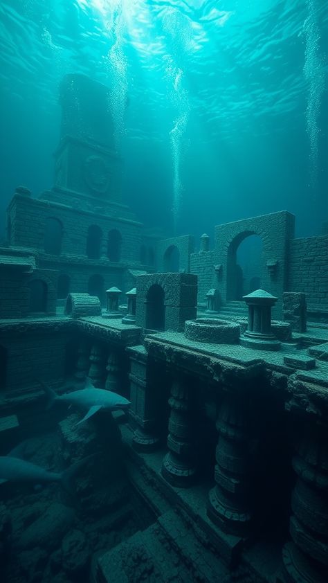 Lost city of Atlantis, ancient  ruins underwater, reconstruction, treasures and sharks City Of Atlantis, Lost City Of Atlantis, The Lost City, Lost City, Ancient Ruins, Atlantis, Sharks, Greece, Lost