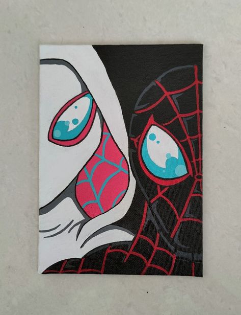 Drawing Ideas Spiderman Miles, Miles Morales Spiderman Painting, Miles Morales And Gwen Stacy Drawing, Miles Morales Painting Canvas Easy, Posca Pens Art Canvas, Gwen Stacy Painting, Spider Verse Painting, Canvas Art Spiderman, Miles Morales Spiderman Drawing