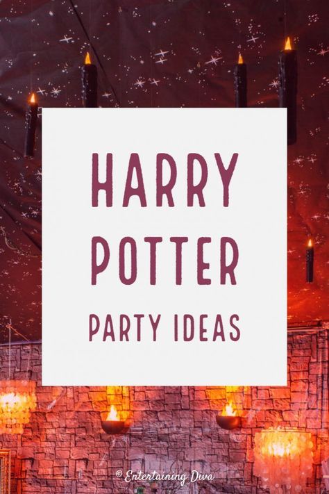 These Harry Potter party ideas are awesome! This living room is totally transformed into the Hogwarts great hall, complete with floating candles, stone walls, flames and the night sky. Click through to find more Harry Potter party ideas.  #entertainingdiva #harrypotter #harrypotterparty #halloween #partyideas  #holidaysandevents Halloween Party Ideas For Adults, Harry Potter Decorations, Harry Potter Table, Harry Potter Party Ideas, Party Ideas For Adults, Hogwarts Great Hall, Harry Potter Halloween Party, Halloween Haunted House Decorations, Anniversaire Harry Potter