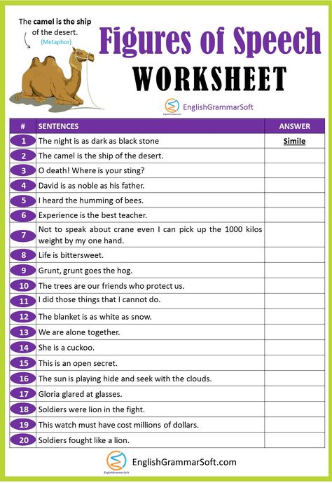 Figures of Speech Worksheet with Answers Speech Worksheets, Articulation Worksheets, Figurative Language Worksheet, Figures Of Speech, Language Worksheets, English Grammar Worksheets, Speech Activities, English Writing Skills, Grammar Lessons