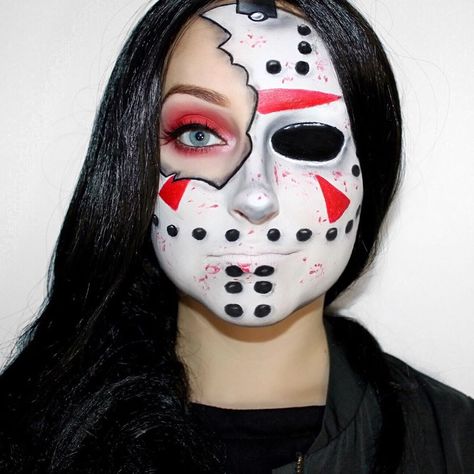 MUA ~ Jessica on Instagram: “Day 19 of 31 days of Halloween 🎃. ~ Jason Voorhees. ~ ~ Products Used: @mehronmakeup black, white, and red face paint. @morphebrushes James…” Cosplay Face Paint Ideas, Jason Make Up Halloween, Jason Halloween Makeup Women, Friday 13th Makeup Ideas, Jason Voorhees Makeup Female, Jason Halloween Makeup, Jason Makeup Halloween, Jason Voorhees Makeup, Hallowen Ideas Makeup