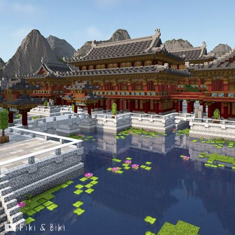 Timelapse vid of this build on our YouTube channel: Fiki & Biki 🐔 (link in bio) Minecraft Japanese Mega Base, Asian Bridge Minecraft, Minecraft Asian Palace, Minecraft Chinese House Ideas, Naruto Minecraft Builds, Japanese Palace Minecraft, Demon Slayer Minecraft Builds, Minecraft Korean Builds, Japanese Town Minecraft