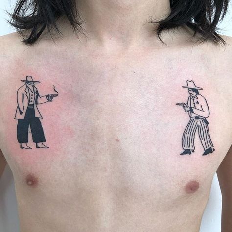 Old west Lawman and outlaw having a duel across the chest , flip to see them warp haha on @brandnewbuick thanks for going all out on the… Folk Tattoos, Spring Makeup Looks, Medieval Tattoo, Fish Drawings, Spring Makeup, Graphic Design Photography, Dope Tattoos, Simplistic Tattoos, Skin Art