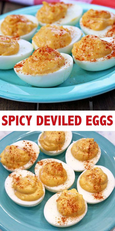 These spicy deviled eggs are made with mayonnaise, Dijon mustard, and hot sauce.  A dash of smoked paprika adds a lovely smoky flavor. Smoked Deviled Eggs Recipe, Spicy Deviled Eggs Recipe, Greek Yogurt Deviled Eggs, Healthy Deviled Eggs, Spicy Deviled Eggs, Guacamole Deviled Eggs, Spicy Eggs, Bacon Deviled Eggs, Afternoon Tea Recipes