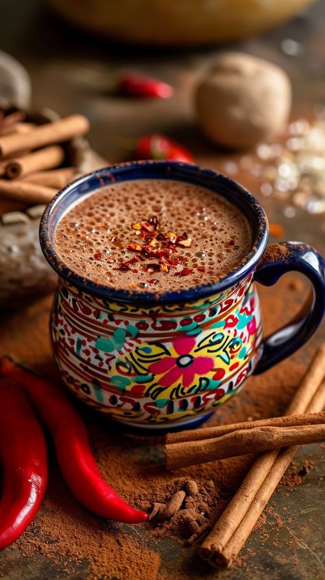 Spiced Hot Chocolate: A cup of rich, spiced hot chocolate adorned with chili flakes in a colorful mug. #hot #chocolate #spiced #cinnamon #chili #mug #colorful #beverage #aiart #aiphoto #stockcake https://ayr.app/l/AUPA Chilli Hot Chocolate, Hot Chocolate Images, Chocolate Image, Spiced Hot Chocolate, Spicy Hot Chocolate, Luxury Gloves, Restaurant Aesthetic, Tiktok Edits, Chili Flakes