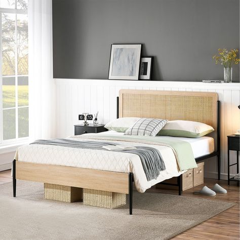 Arrives by Wed, Aug 9 Buy Yartaka Queen Size Bed Frame with Rattan Headboard, Platform Bed Frame with Safe Rounded Corners, Strong Metal Slats Support, Mattress Foundation, Noise-Free, No Box Spring Needed, White Oak at Walmart.com Full Size Metal Bed Frame, Queen Size Metal Bed Frame, Rattan Bed Frame, Color Desk, Rattan Bed, Rattan Headboard, Rattan Material, Full Size Bed Frame, Tree Species