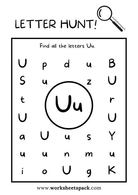 Find the Letter U Worksheet, Alphabet U Hunt Activity Free Printable for Kids - Printable and Online Worksheets Pack Letter Find Preschool Free Printable, Letter U Craft Preschool, Letter U For Preschoolers, Letter U Activities For Kindergarten, U Worksheets Preschool, Letter U Worksheets Preschool, U Activities For Preschool, Letter U Activities For Preschool, Preschool Letter U