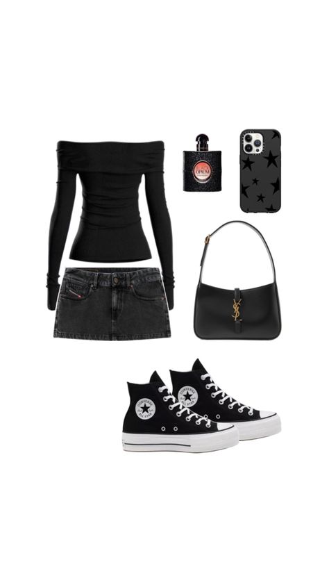 #outfit #inspo #black #summer #converse #miniskirt Black Dress With Converse, Summer Converse, Dress With Converse, Black Skirt Outfits, Black High Top Converse, Black Converse, Black High Tops, Black Mini Skirt, Clothes Ideas