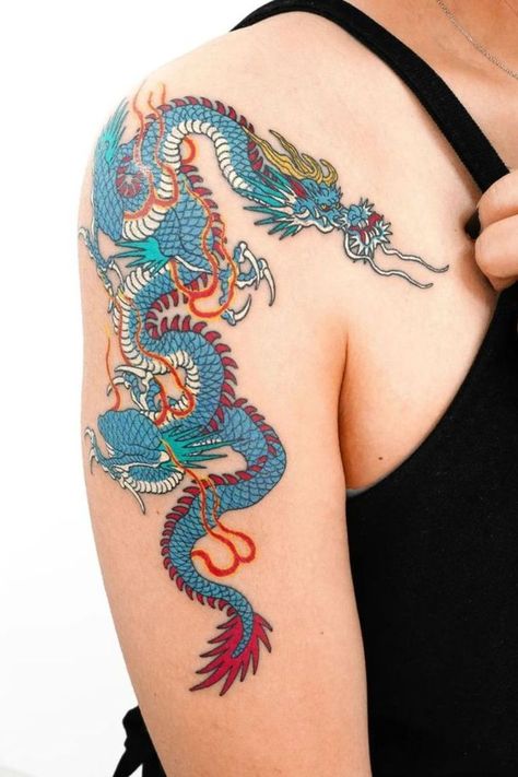 Unique Dragon Tattoo, Dragon Shoulder Tattoo, Traditional Tattoo Dragon, Dragon Tattoo Ideas, Blade Tattoo, Ocean Park Hong Kong, Butterfly Tattoo On Shoulder, Rose Shoulder Tattoo, Small Shoulder Tattoos