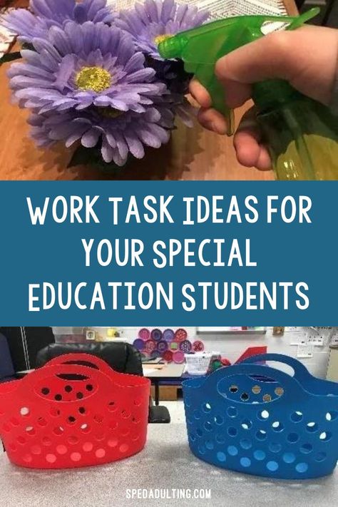 Work tasks are a great way for students to practice life skills and vocational skills in the special education classroom. But what if traditional work tasks or task box activities aren’t accessible to all your students? How can you adapt work tasks to meet the needs of all your students, regardless of their level? Here you’ll find my favorite work tasks ideas and activities for special education students along with how they can be adapted to meet the needs of students of all levels. School Jobs For Students With Special Needs, Vocational Tasks Special Education Life Skills Classroom, Life Skills Classroom Activities, Job Skills Special Education, Pre Vocational Activities Special Needs, Vocational Task Boxes, Life Skills Activities For Special Needs, Put In Tasks, Vocational Tasks Special Education