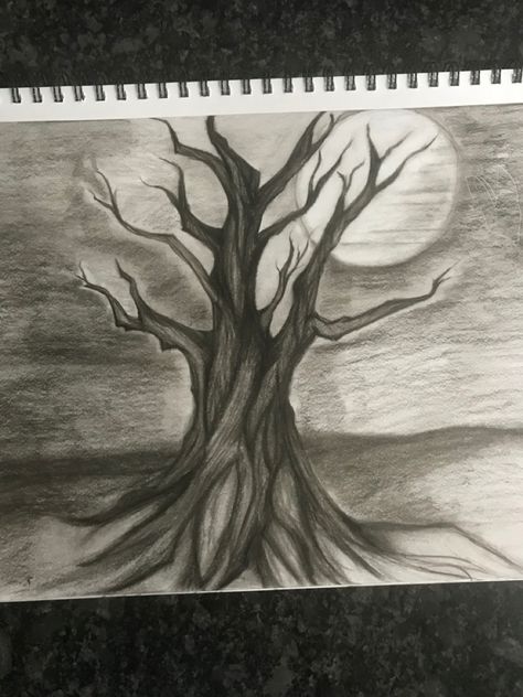 Spooky tree drawn with charcoal pencil Tree Pencil Sketch, Withered Tree, Spider Web Drawing, Tree Drawing Simple, Poison Tree, Nice Drawings, Spooky Tree, Fantasy Tree, Dark Tree