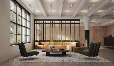 a bright and open warehouse-type lobby Sheetrock Ceiling, Condo Lobby, Egg Collective, Best Designers, Luxury Condo, Top Interior Designers, Apartments For Sale, Architectural Digest, Beautiful Interiors