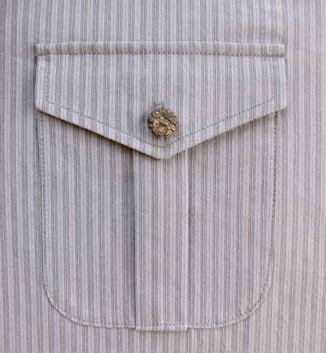 flap pocket Male Pocket Design, Mens Shirt Pocket Design, Collared Shirt With Flap Pockets, Designer Button-up Shirt With Pockets, Unstructured Cotton Shirt With Flap Pockets, Fashion Construction, Mens Pleated Pants, Pocket Design Fashion, Pocket Sewing