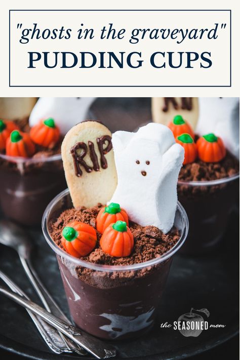 Graveyard Dirt Pudding, Dessert Pudding Cups, Ghosts In The Graveyard, Graveyard Pudding, Pudding Cup Desserts, Dirt Pudding Recipes, Graveyard Dirt, Candy Corn Recipe, Classroom Snacks