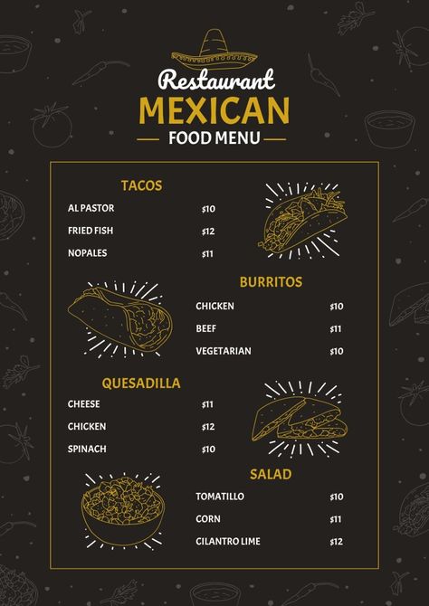 Doodle Monocolor Restaurant Mexican Food Menu Mexican Restaurant Menu Ideas, Taco Menu Design, Mexican Food Menu Design, Mexican Restaurant Menu Design, Mexican Menu Design, Brunch Menu Design, Churro Bar, Mexican Restaurant Menu, Taco Menu