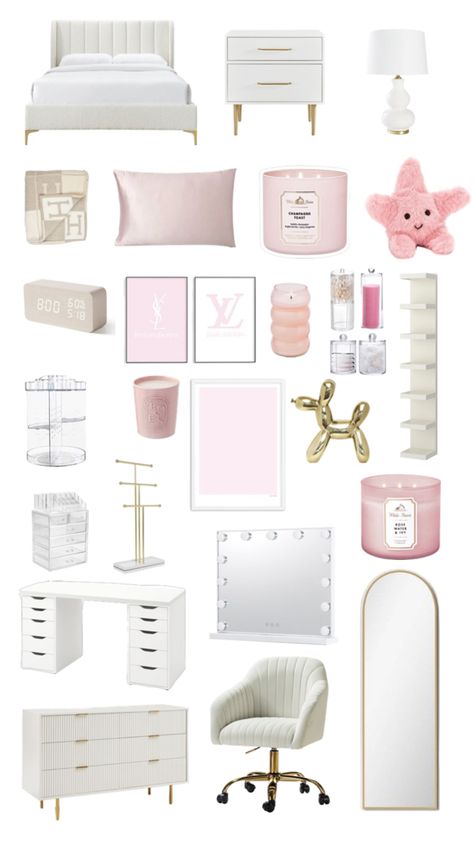 It Girl Room Ideas, Cute Pink And White Room Ideas, White Pink And Gold Bedroom, Bedroom Gold Decor, Pink White Gold Bedroom, Ballet Core Room, Room Inspo Pink And White, Pink Room Theme, Light Pink Aesthetic Room