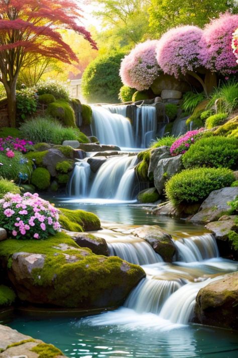 A serene garden with a calming waterfall flowing into a pond surrounded by lush greenery and flowers Country House Painting, Pink Room Decor Ideas, Waterfalls Wallpaper, Waterfalls Pictures, Vintage Country House, Relaxing Pictures, Waterfall Background, Waterfall Painting, Rooms Interior