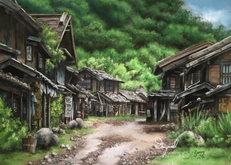 Atla Scenery, Chinese Environment, Village Concept Art, Japanese Villages, Viking Architecture, Japanese Neighborhood, Asian Village, Japan Village, Medieval Japanese