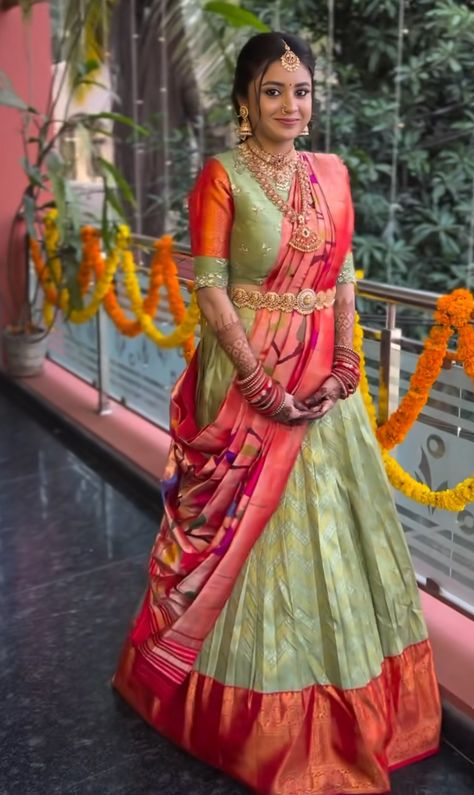 Traditional Lehenga Voni, Pythani Pattu Half Sarees, Kanchi Half Saree Designs, Paithani Lehenga Blouse Designs, Paithani Saree Styling, Pythani Pattu Lehanga, Green Pattu Lehenga, Paithani Ghagra, Gruhapravesham Sarees