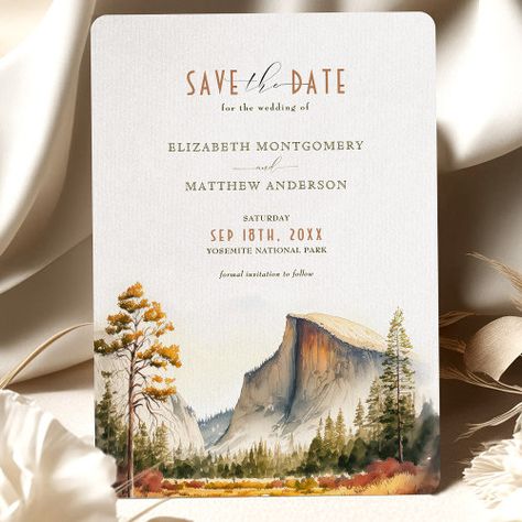 Save The Date Yosemite National Park Destination Invitation #zazzle #weddinginvitations #birthdayinvitations #babyshowerinvitations #zazzleinvitations #monogram #businesscards #graduation #homedecor Yosemite Wedding Invitations, National Park Wedding Invitation, Mountain Save The Date, National Park Wedding Theme, Yosemite Painting, Park Wedding Invitations, Mountain View Wedding, Mountain View Weddings, State Park Wedding