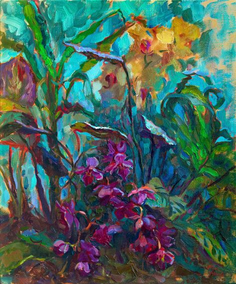 Jungle with orchid flowers painted with oil on canvas Elena Morozova, Jungle Painting, Newspaper Dress, Floral Mural, Jungle Flowers, Dream Painting, Flower Artwork, Oil Painting Flowers, Impressionist Paintings