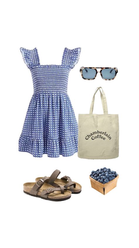 Blueberry Girl Aesthetic Outfits, Summer Farmers Market Outfit, Blueberry Picking Outfit, Berry Picking Outfit, Fairytale Life, Farmers Market Outfit, Market Outfit, Summer Gingham, Blueberry Girl