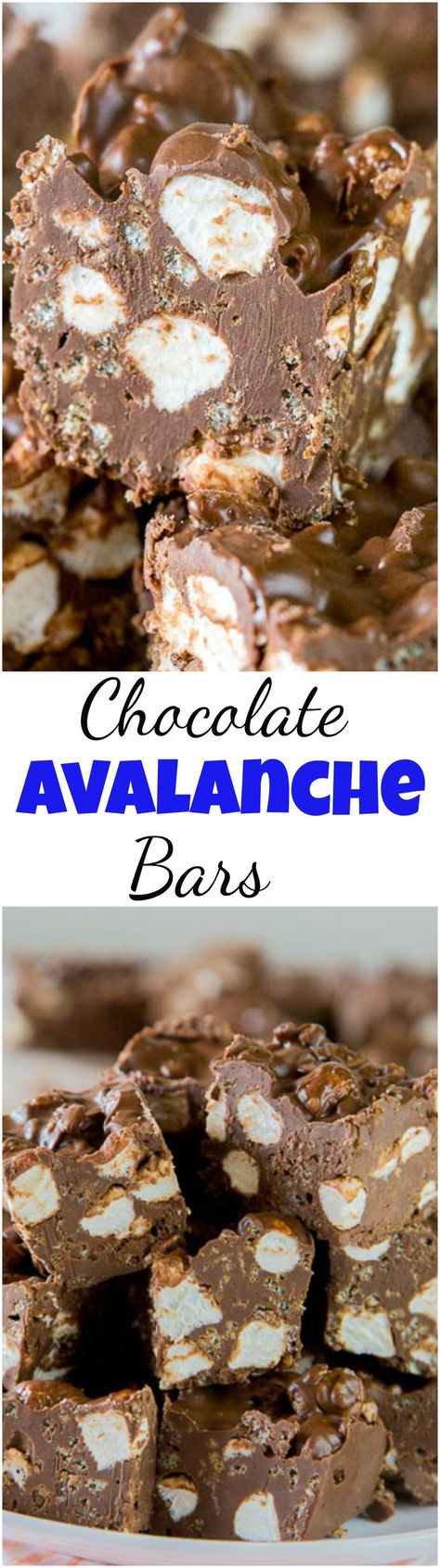 Chocolate Avalanche Bars – super easy no bake avalanche cookies turned into even easier bars made with 3 kinds of chocolate!   #dessert #thesimplekitchen #avalanchecookies #chocolate #marshmallows #peanutbutter #nobake #holidaybaking No Bake Avalanche Cookies, Avalanche Bars, Avalanche Cookies, Easy No Bake, Almond Bark, Chocolate Marshmallows, Chocolate Dessert Recipes, Chocolate Dessert, Homemade Candies