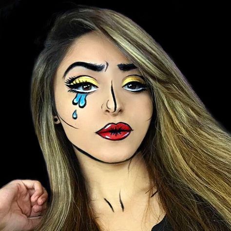 Pop-Art Makeup Ideas So Good, They Actually Look Like Cartoons Makeup Hashtags, Comic Book Makeup, Comic Makeup, Pop Art Costume, Fantasy Make-up, Halloweenský Makeup, Cartoon Makeup, Pop Art Makeup, Sugar Skull Halloween