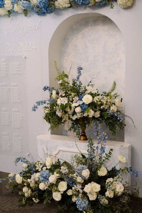 Stunning white and blue wedding flower arrangements with white roses and blue hydrangeas for Kati & Bryant’s elegant Nashville wedding. We offer luxury wedding planning in Nashville and beyond. Nashville wedding, elegant wedding florals, fancy wedding, classy wedding décor, European wedding aesthetic Blue Wedding Flower Arrangements, White And Blue Hydrangea, Delphinium Garden, European Wedding Aesthetic, Elegant Wedding Florals, Hydrangea Wedding Flowers, Blue Wedding Flower, Tulips And Roses, White Wedding Florals