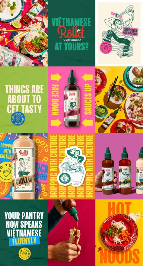 Roll'd Moves Into The Retail Space With Saucy Sauces | Dieline - Design, Branding & Packaging Inspiration Burger Brochure, Restaurant Advertising Posters, Food Creatives Social Media, Korean Social Media, Pizza Typography, Pizza Graphic Design, Pasta Business, Ketchup Packaging, Restaurant Poster Design