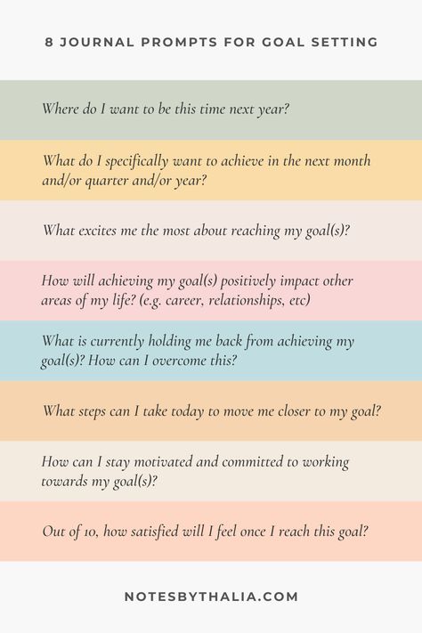 8 journal prompts for goal setting infographic with black italic text and coloured rectangles. Introspection Journal Prompts, Journaling For Goals, Goal Setting Guide, Quarterly Vision Board, Journal Prompts For Focus, May Goals Journal, Yearly Journal Prompts, Goal Setting Inspiration, Journal Prompts Goals