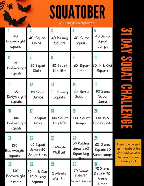 Squat Challenge October October Workout Challenge, Month Workout Challenge, Mini Workouts, 100 Squats, Month Workout, Squat Challenge, Squat Workout, Quick Workout Routine, Monthly Challenge