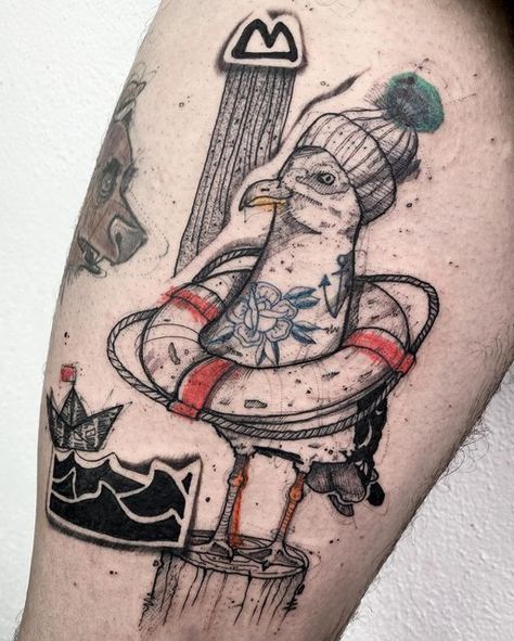 Seagull Tattoo Traditional, Traditional Ocean Tattoo, Ocean Tattoos Men, Buoy Tattoo, Pirate Tattoo Sleeve, Seagull Tattoo, Collage Tattoo, Nautical Tattoo Sleeve, Kraken Tattoo