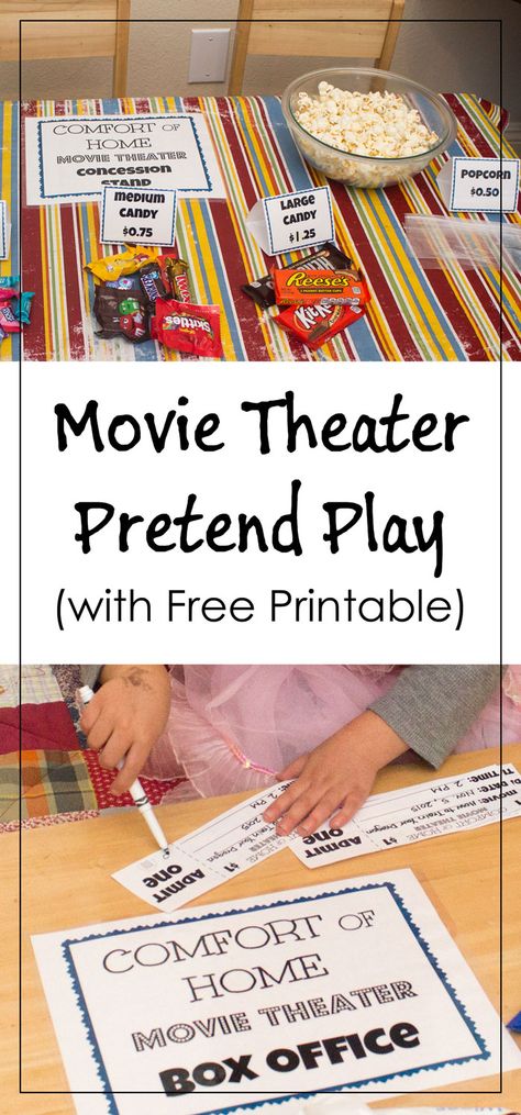 Movie Theater Pretend Play with free printable for tickets, signs, and food labels. Concession Stand Sign, Pretend Play Printables, Dramatic Play Preschool, Dramatic Play Area, Dramatic Play Centers, Printables For Kids, Hollywood Party, Concession Stand, Movie Themes